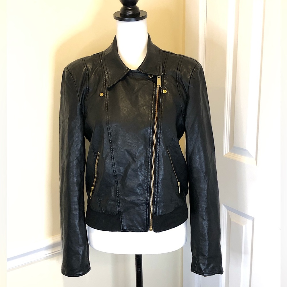 FREE PEOPLE Black Faux Leather Jacket w Floral Lining Sz Small